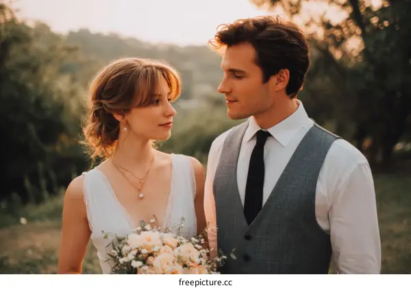 Couple Wedding Photo Outdoors Golden Hour