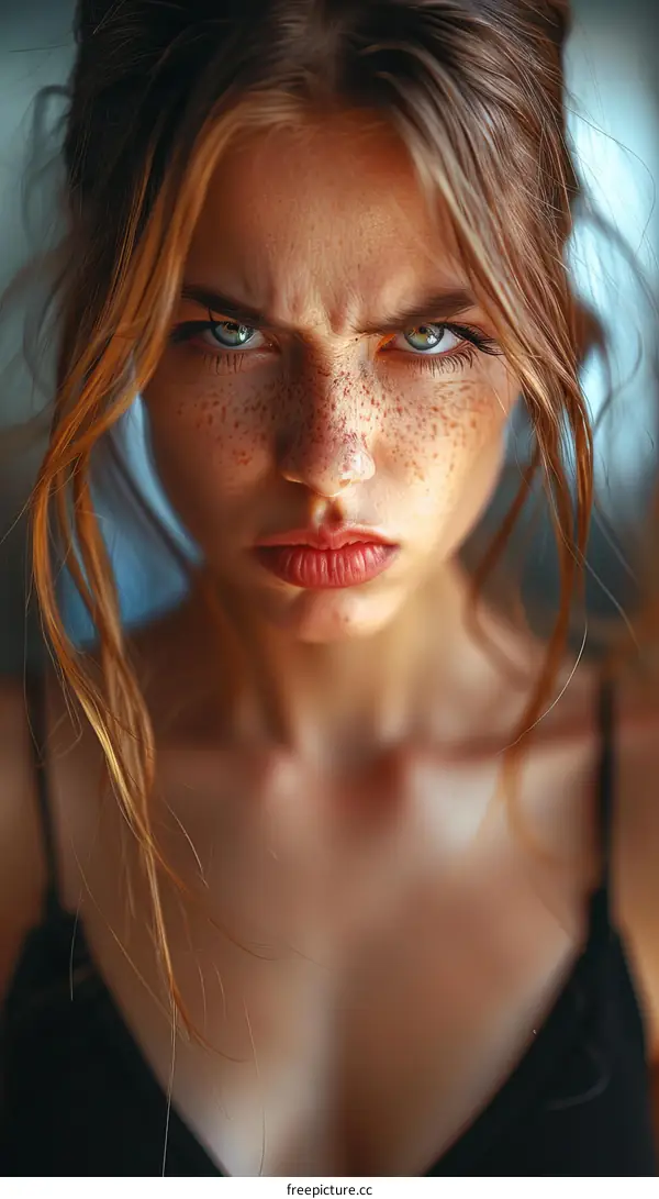 Close Up Portrait of a Young Woman with Freckles and Angry Expression