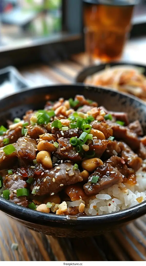 Close Up Of Bowl Of Peanut Beef And Rice