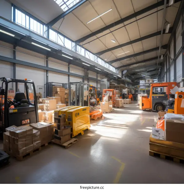 Busy Warehouse with Forklifts and Pallets