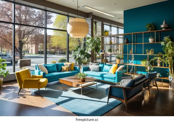 Modern Office Space with Blue and Yellow Decor