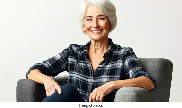 Smiling Senior Woman Portrait in Plaid Shirt