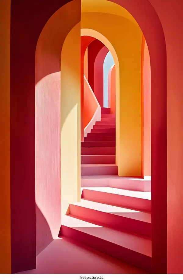 Abstract Architecture with Pink and Yellow Arches and Stairs