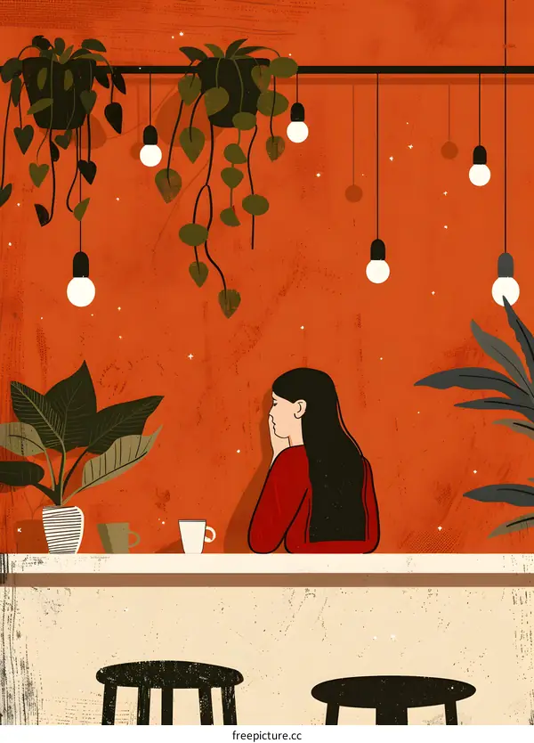 Woman Sitting at a Counter with Plants and Lights