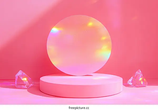 Pink Aesthetic Display with Crystals and Geometric Shapes