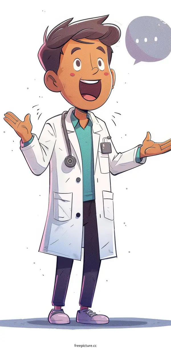 Happy cheerful cartoon doctor in lab coat