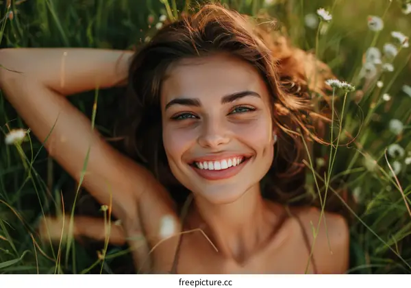 portrait of a beautiful smiling woman lying in a green field of grass