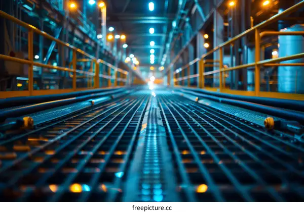 Industrial Walkway with Bright Lights at the End