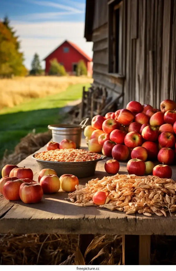 A bountiful harvest of apples set on a rustic weathered wooden table with a barn in the distance