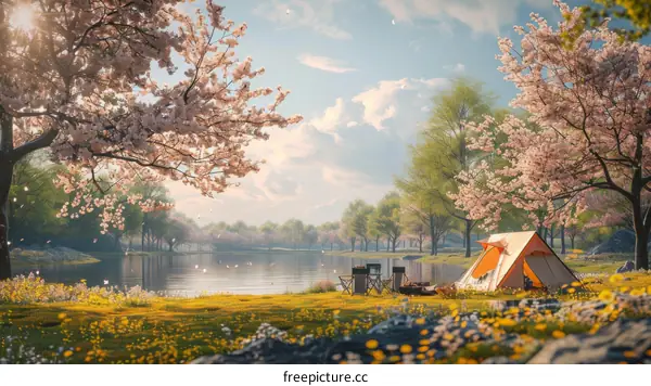 A beautiful lakeside campsite with a tent and cherry blossom trees