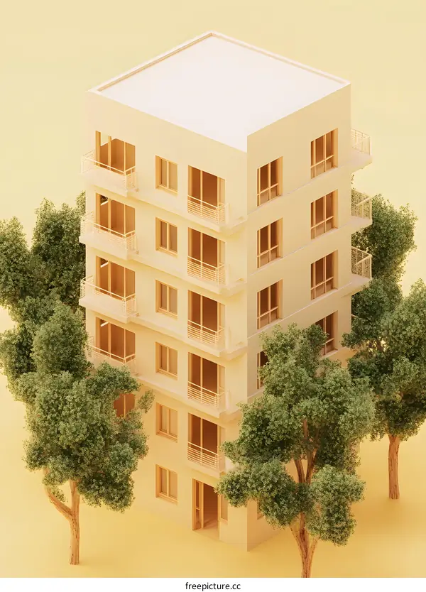 Minimalist Apartment Building Illustration with Trees