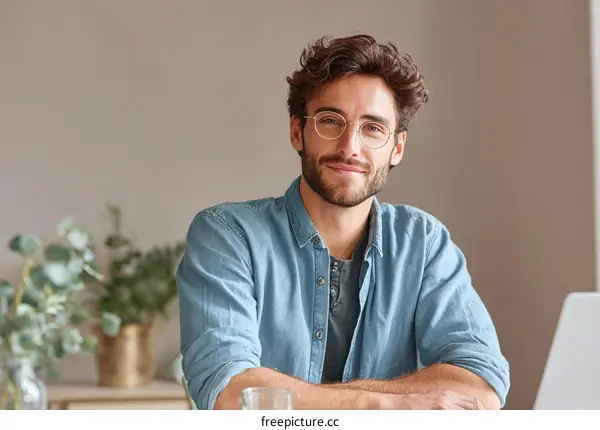 Smiling Man in Light Blue Shirt