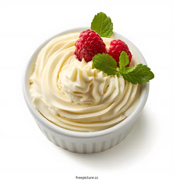 Whipped cream bowl raspberries mint
