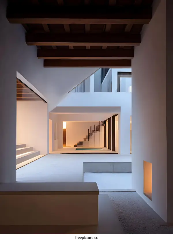 Modern Minimalist Courtyard with Swimming Pool and White Gravel