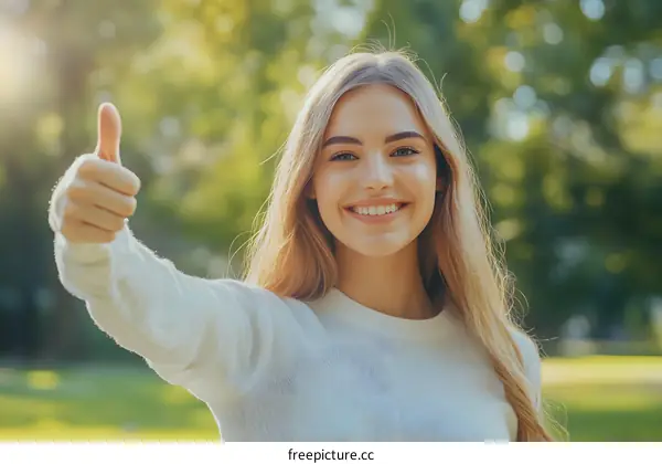 Smiling Woman Giving Thumbs Up in Green Nature