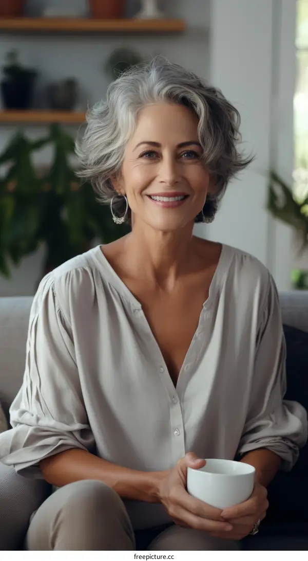 A beautiful middle-aged woman with short gray hair is sitting on a couch and smiling at the camera.