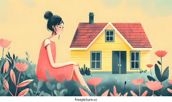 girl sitting in the garden looking at a house