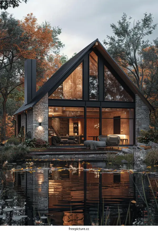Modern House in the Woods with a Reflective Pond