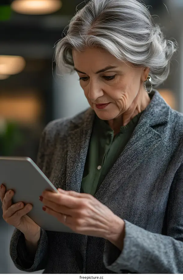 Caucasian Senior Woman Using Tablet in Office