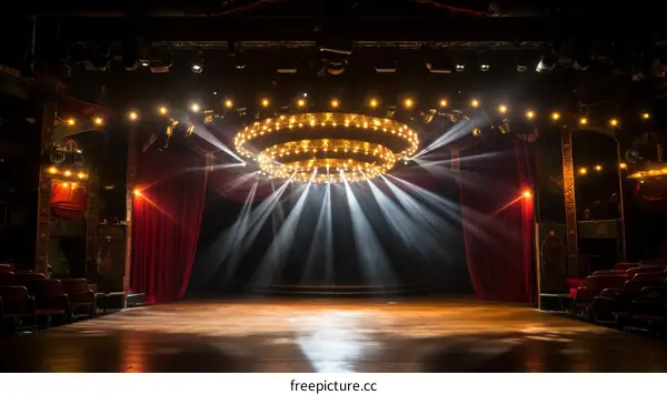 Empty theater stage with red curtains and bright lights