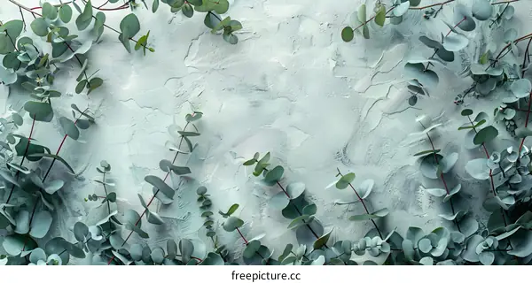 Blue eucalyptus branches on a whitewashed wooden background