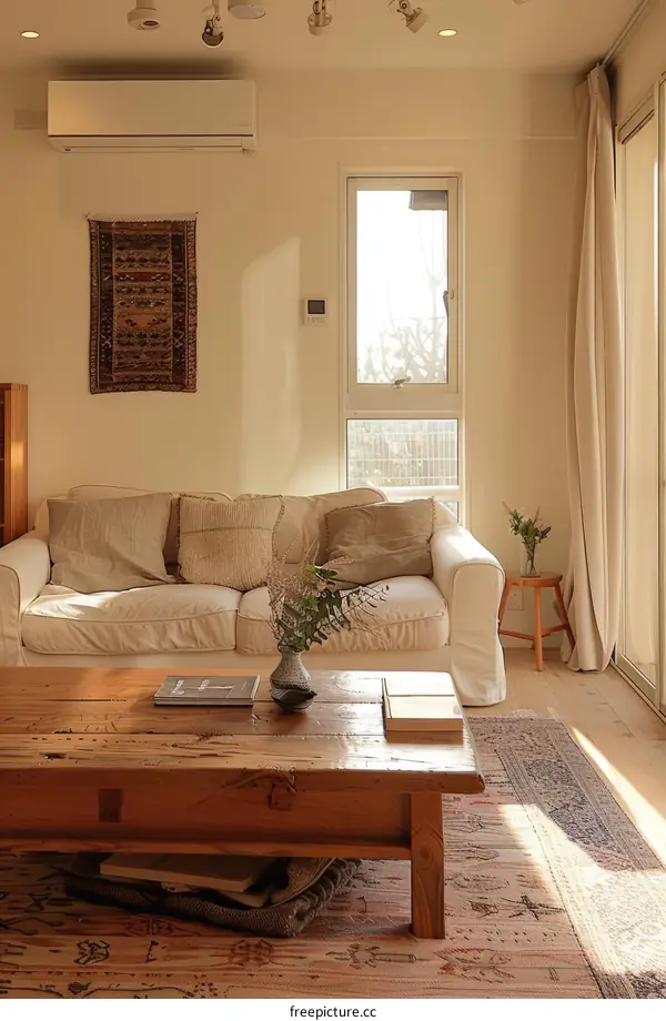 Airy and bright living room with a large window and a white sofa