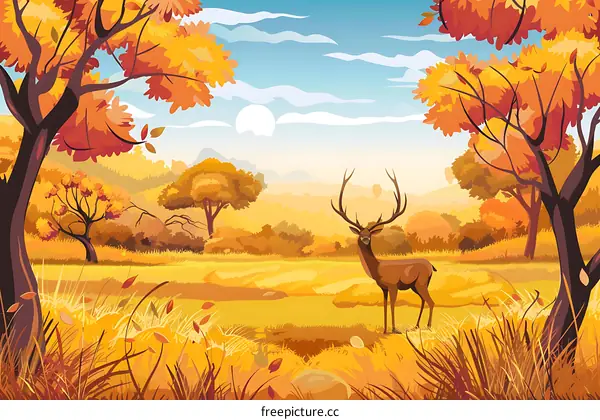 Autumn Forest Landscape with Deer
