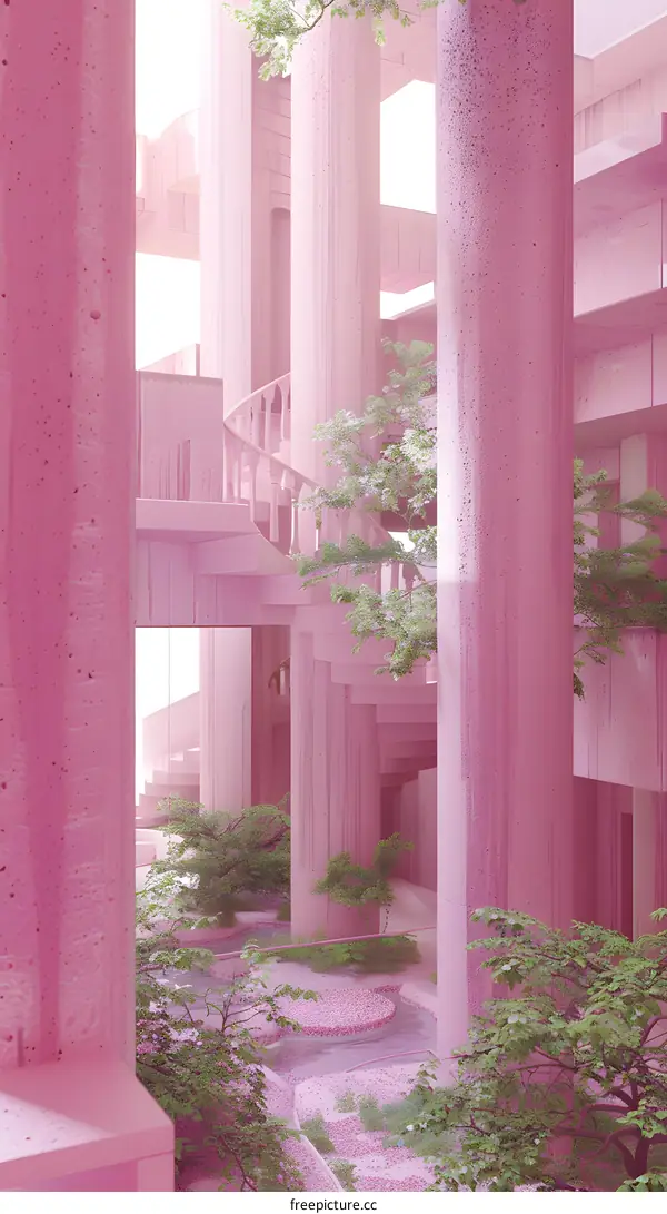 Pink Concrete Garden  with Trees and Plants