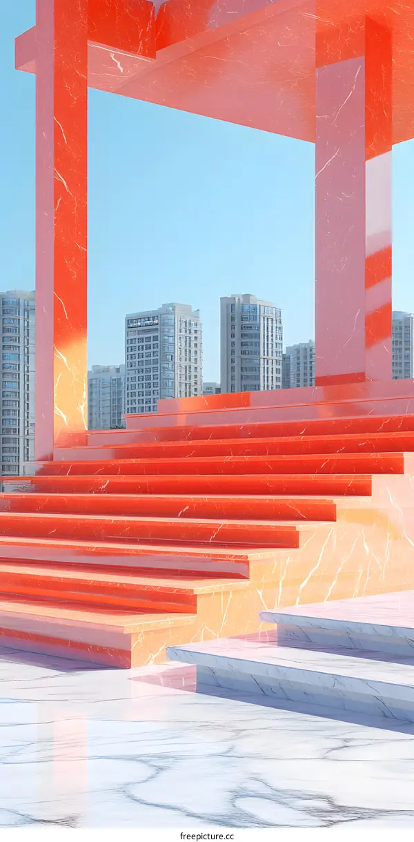 Minimalist Architecture with Marble Stairs and City Skyline