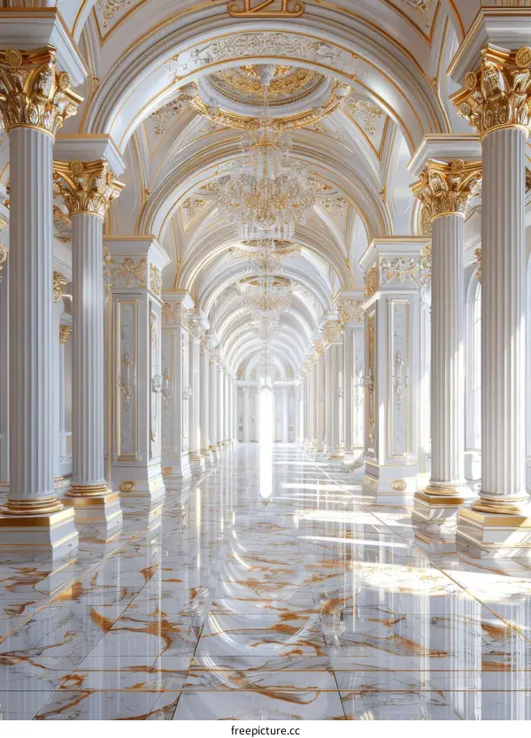 Opulent Hallway with Gold Columns and Marble Floors