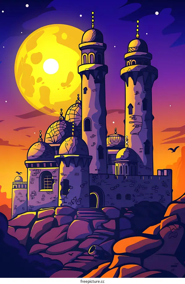 Mosque Illustration with Full Moon in Night Sky