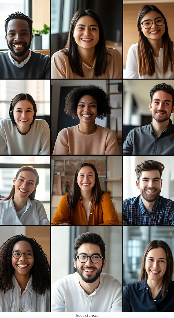 Diverse Group of People Smiling in a Video Call Grid