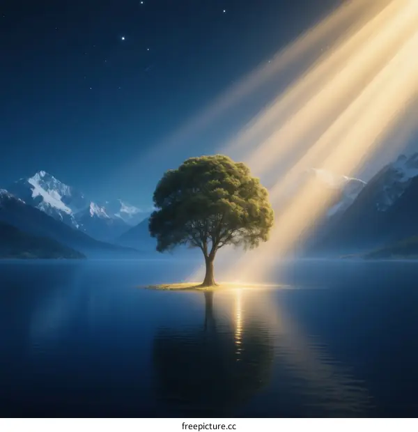 A lone tree standing on an island in a serene mountain lake at night