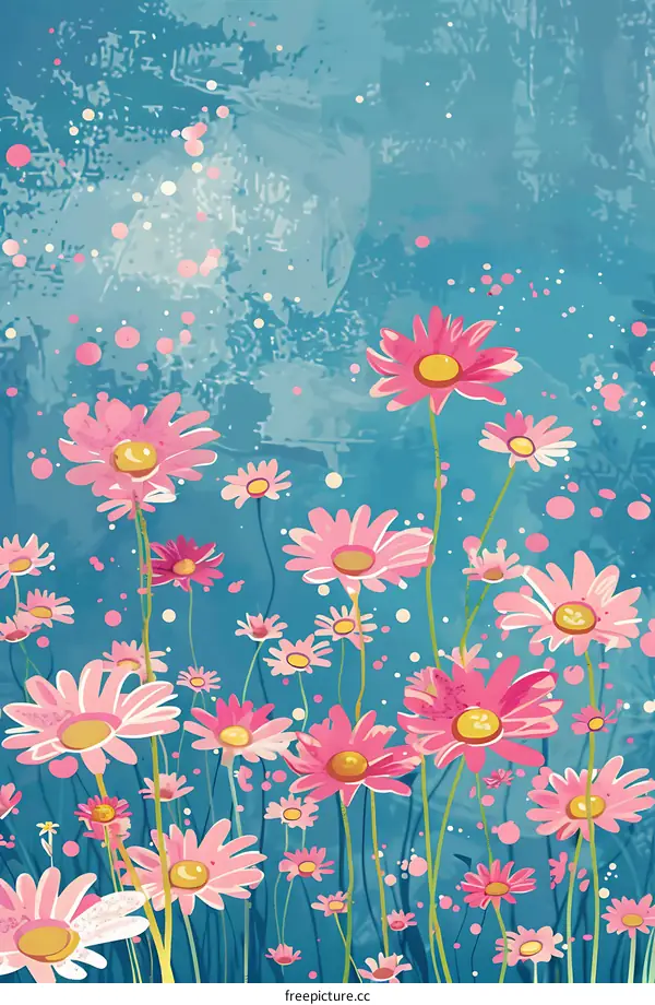 Pink and White Daisies on Blue Background