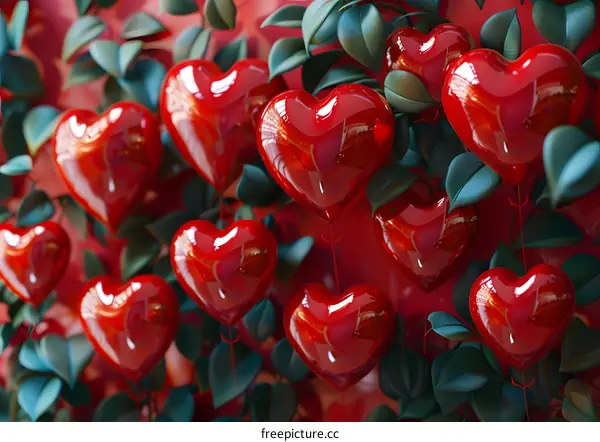 A red heart-shaped balloon is surrounded by green leaves.