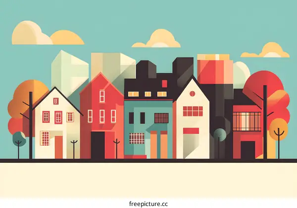Simple Cityscape Illustration With Houses and Trees