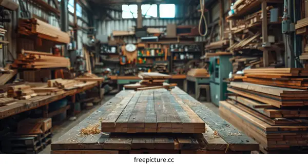 Wood Shop Interior with Various Types of Lumber