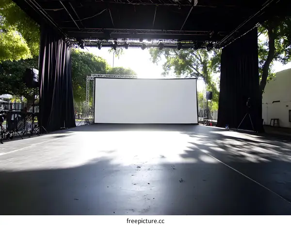 Empty Stage with Large White Screen and Black Curtains