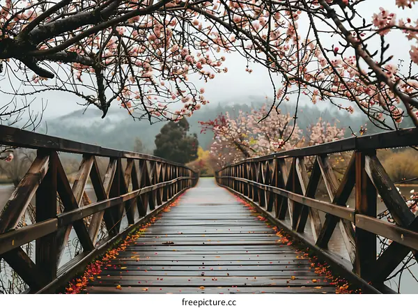 Wooden Bridge Covered in Pink Cherry Blossoms