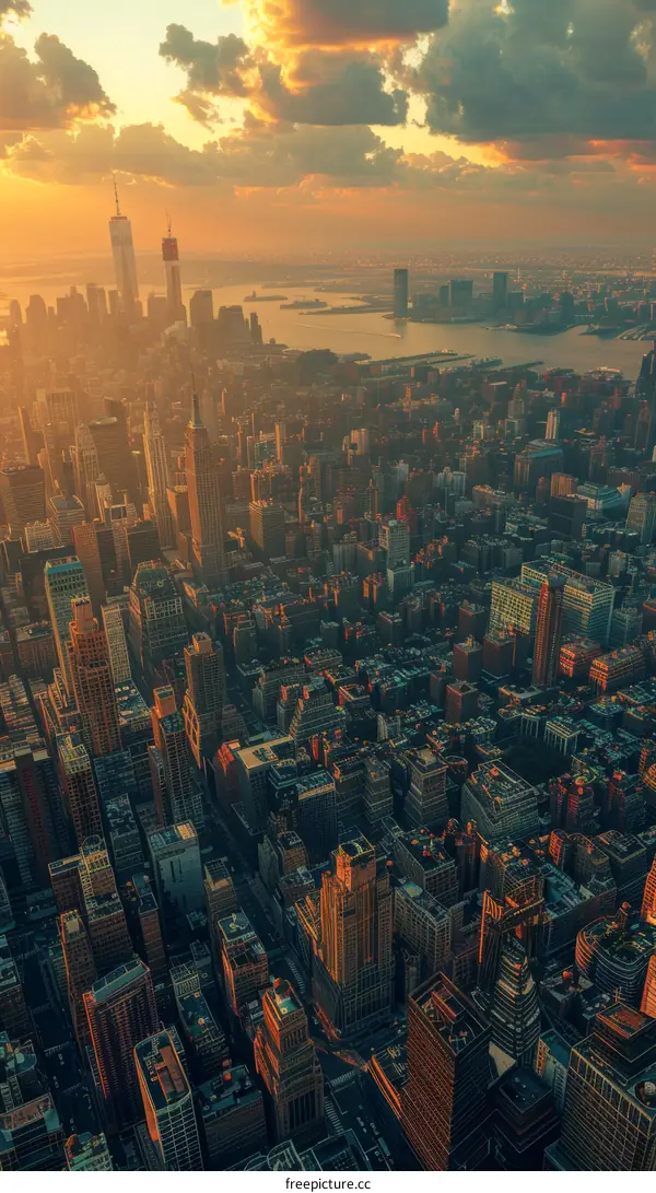 Aerial View of New York City Skyline with Sunset