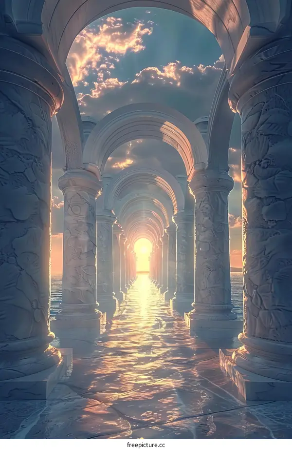 Surreal Corridor with Marble Columns and Light