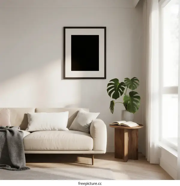 Modern living room with beige sofa and large framed picture