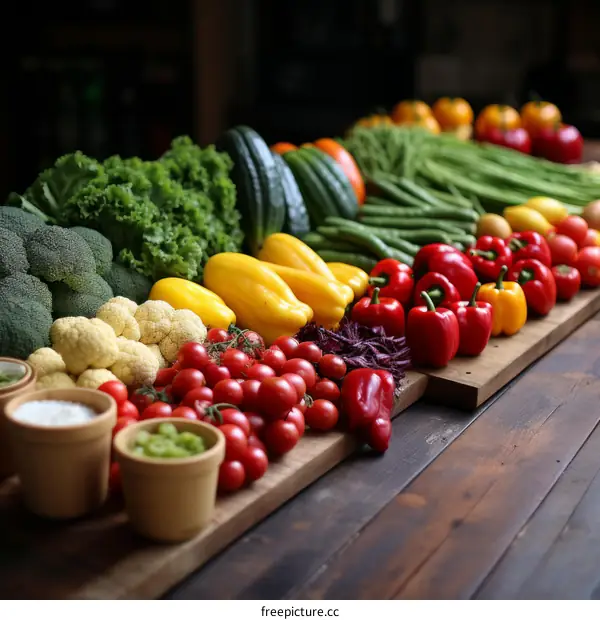 Vibrant Vegetables and Fruits on a Wooden Table