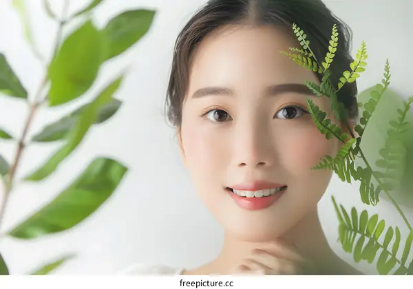 Smiling Asian Woman with Green Leaves