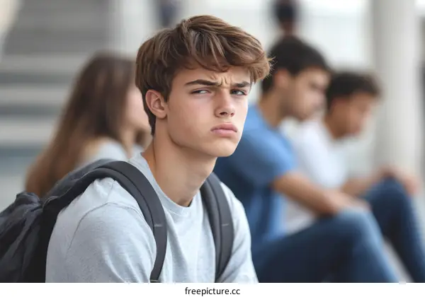 Teenage boy looking serious on steps