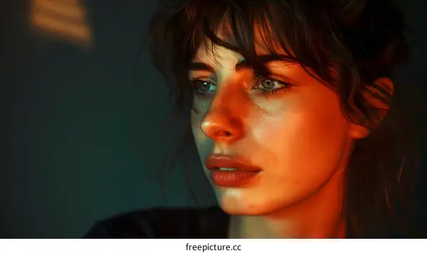 Closeup Portrait of a Woman with Red and Green Lighting