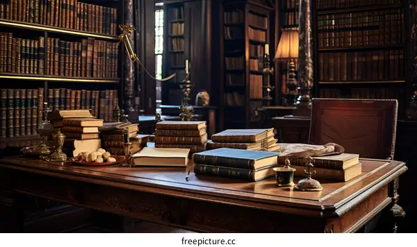 Vintage library with books on a wooden table