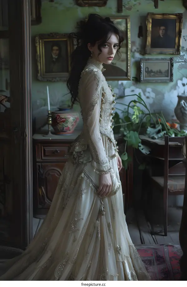 A woman in a beautiful dress is standing in a room.