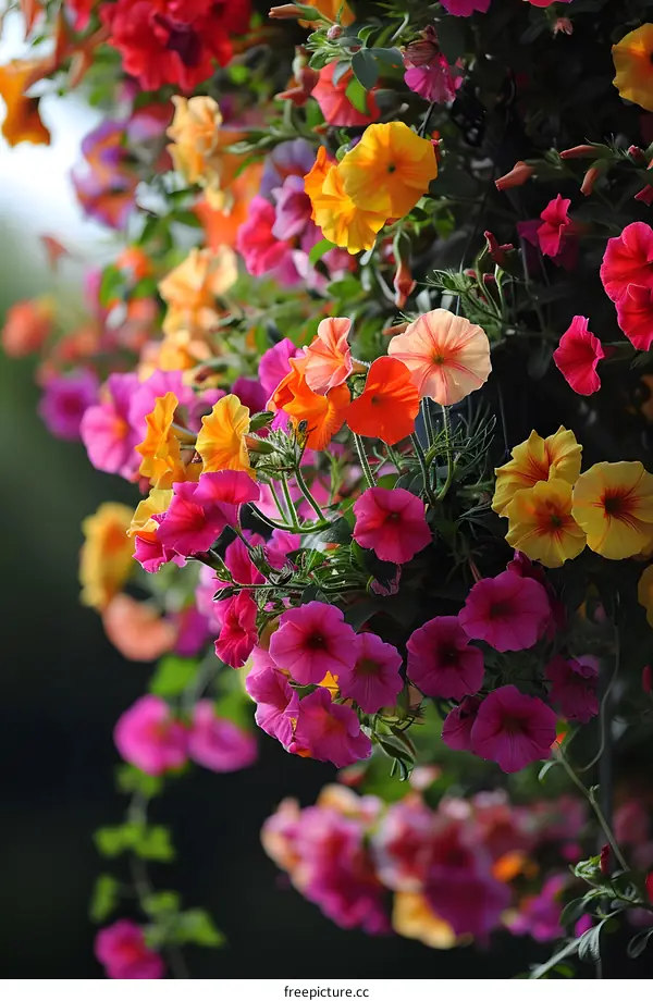 Colorful Hanging Flower Basket with Pink, Orange, Yellow Flowers