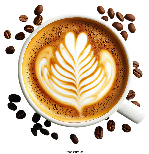 [Transparent Background PNG]Latte Art Coffee Cup with Coffee Beans
